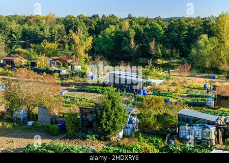 Francia, Loira, Roanne, i giardini dei lavoratori del Rivage su un levee del fiume Loira // Francia, Loira (42), Roanne, les jardins ouvriers du Rivage sur Foto Stock