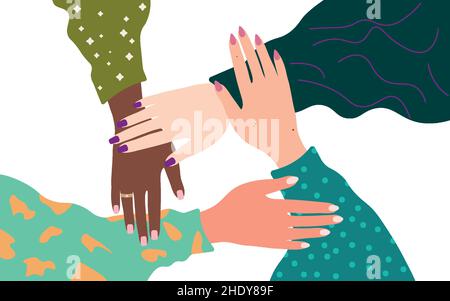 Un cerchio di donne diverse che si tengono le mani per sfidare. Illustrazione Vettoriale