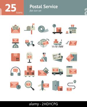 Set di icone flat del servizio postale. Vettore e illustrazione. Illustrazione Vettoriale