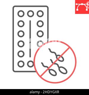 Icona della linea contraccettiva, contraccettivo e spermatico, icona vettoriale pillole contraccettive, grafica vettoriale, segno del contorno del tratto modificabile, eps 10. Illustrazione Vettoriale