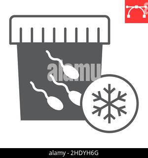 Icona glifo di congelamento spermatico, riproduzione e inseminazione, icona vettore criobanca, grafica vettoriale, segno solido tratto modificabile, eps 10. Illustrazione Vettoriale