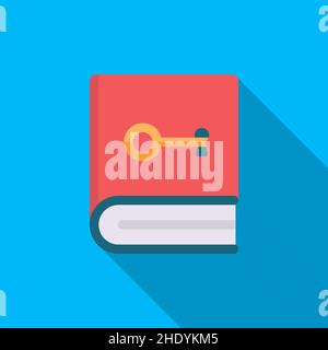 libro chiave di conoscenza vettoriale icona, design piatto, ombra lunga Illustrazione Vettoriale