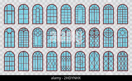 Collezione di telai in legno ad arco per finestre. Set vettoriale di finestre isolate con riflesso cielo per la visualizzazione esterna su architettura. Illustrazione Vettoriale