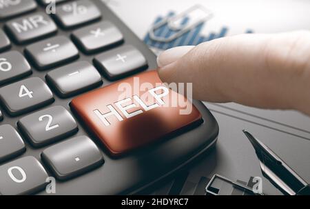 Primo piano su una calcolatrice concettuale premendo con il dito il pulsante della guida. Immagine composita tra una fotografia a mano e uno sfondo a 3D°. Foto Stock