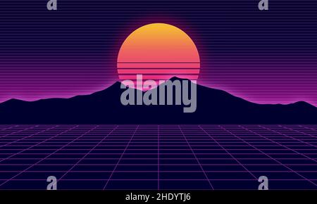 Skyline in stile retrò. Vaporwave futuristico 80's paesaggio sinthwave e sfondo del sole con griglia Illustrazione Vettoriale