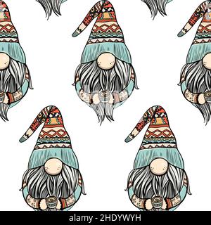 Disegno senza giunture di uno gnome con una barba in un cappello. Capodanno e natale simbolo su sfondo bianco isolato. Illustrazione di alta qualità Foto Stock