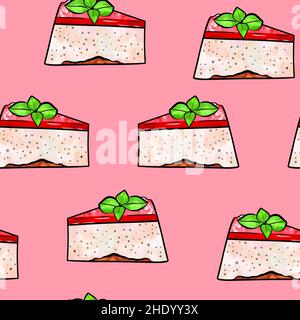 Illustrazione raster senza cuciture pezzo di torta color rosa souffle decorato con foglie di verde su sfondo rosa. Illustrazione di alta qualità Foto Stock