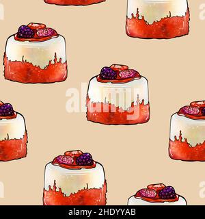 Illustrazione trama senza cuciture motivo rotondo arancio torta di colore decorato con bacche su uno sfondo marrone. Illustrazione di alta qualità Foto Stock