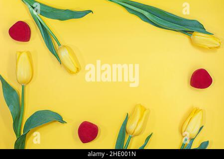 Tulipani con caselle rosse e cuori su sfondo giallo in forma di cornice. Molla. Festa, compleanno, Madre, Giornata Internazionale della Donna, Marzo 8, S Foto Stock