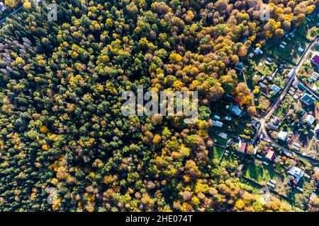 Villaggio cottage estate circondato da foresta, vista aerea. Piccole case estive in una bella zona Foto Stock