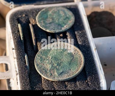 George V Penny e la moneta vittoriana trovato essere un rivelatore di metalli West Lothian, Scozia. Foto Stock