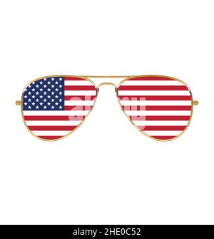 Cool oro cornice Aviator Occhiali da sole con bandiera USA in lenti vettoriali isolate su sfondo bianco Illustrazione Vettoriale