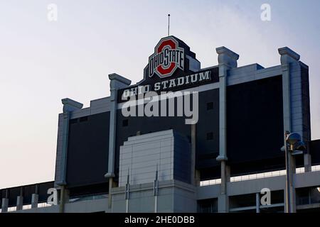 Insegna della Ohio state University sull'Ohio Stadium. Foto Stock