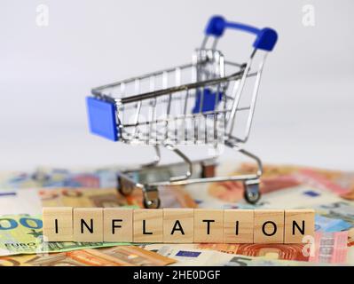 Parola INFLAZIONE, scritta con blocchi di lettere in legno, con carrello della spesa e banconote in euro su sfondo bianco Foto Stock