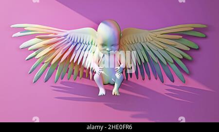 neonato umano con ali in raggio di luce vista frontale in colori pastello. 3d rendering Foto Stock