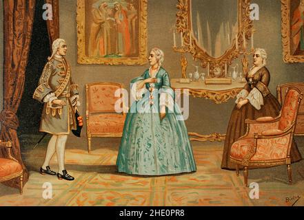 Marie Anne de la Trémoille (ca. 1642-1722). Princesse des Ursins. Sindaco di Camarera della regina a Maria Luisa di Savoia (prima moglie del re Filippo V di Spagna). Il 23 dicembre 1714, poco dopo l'arrivo di Isabella di Farnese in Spagna, Ursins si incontrò a Jadraque (provincia di Guadalajara). Invece di ricevere le grazie della nuova regina, fu espulsa dalla Spagna. Isabella di Farnese ordinò al capo della Guardia del corpo, Amezaga, di accompagnarla al confine con la Francia, scortata dai membri della Guardia e imprigionata l'intero servizio. Prigione della principessa des Ursins. Illustrazione di Biels Foto Stock