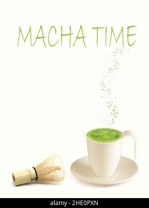 Macha bevanda asiatica tradizionale fatta da polvere verde. Potente antiossidante. Sana alternativa al caffè e al tè. Foto Stock
