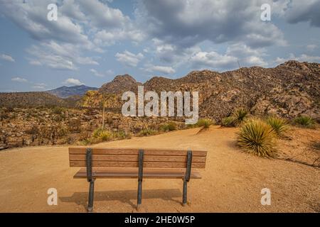 Panchina con vista sulle montagne Catalina nel Catalina state Park a Tucson, Arizona Foto Stock