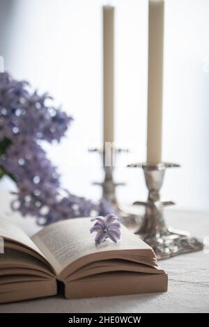 libro aperto e due candele su un tavolo con fiori di primavera Foto Stock