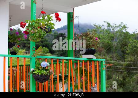 Bel balcone tradizionale in legno delle zone rurali in Colombia decorato con piante fiorite Foto Stock