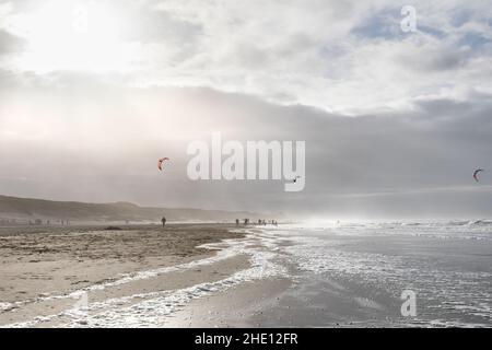 Vista lungo la spiaggia vicino al Parco Nazionale di Kennemerland, Haarlem, Paesi Bassi. Kitesurfers e altri peolple sulla spiaggia. Nebbia dal mare in Th Foto Stock