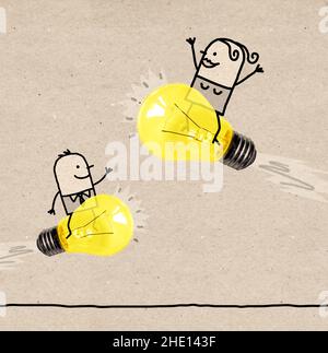 Cartoon uomo e donna disegnati a mano che cavalcano le lampadine a razzi Foto Stock