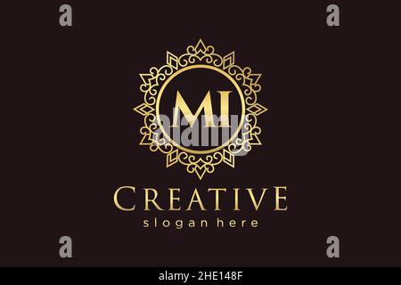 MI Initial Letter Luxury calligraphic femminile floreale a mano disegnato araldico monogramma antico vintage stile lusso logo design Premium Illustrazione Vettoriale