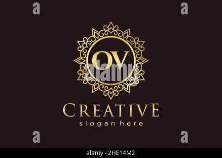 OV Initial Letter Luxury calligraphic femminile floreale a mano disegnato araldico monogramma antico vintage stile lusso logo design Premium Illustrazione Vettoriale