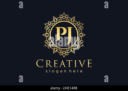 PJ Initial Letter Luxury calligraphic femminile floreale a mano disegnato araldico monogramma antico vintage stile lusso logo design Premium Illustrazione Vettoriale