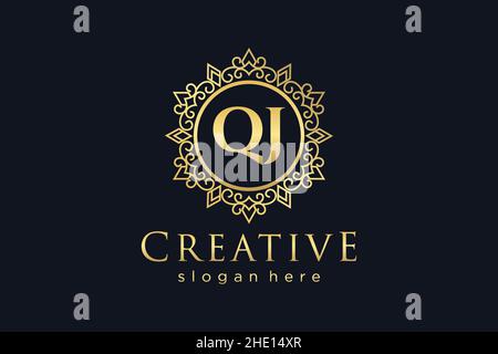 QJ Initial Letter Luxury calligraphic femminile floreale a mano disegnato araldico monogramma antico vintage stile lusso logo design Premium Illustrazione Vettoriale