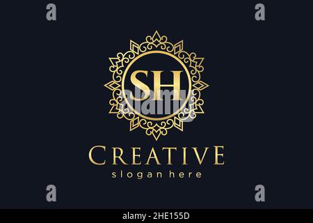 SH Initial Letter Luxury calligraphic femminile floreale a mano disegnato araldico monogramma antico vintage stile lusso logo design Premium Illustrazione Vettoriale