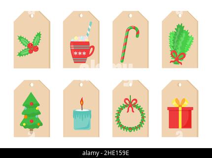 Cartoon piatto di Natale set inverno vacanza e vacanze simboli elementi. Etichette di prezzo, adesivi, etichette per merci, per desideri su cartolina. Albero, tazza, candela, caramella, corona, regalo, filiale. Vettore Illustrazione Vettoriale