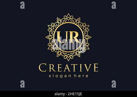 UR Initial Letter Luxury calligraphic femminile floreale a mano disegnato araldico monogramma antico vintage stile lusso logo design Premium Illustrazione Vettoriale
