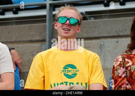 Sydney, Australia. 08th Jan 2022. Fan durante la semifinale della Coppa ATP presso il Sydney Olympic Park Tennis Center di Sydney, Australia, il 8 gennaio 2022. Foto di Peter Dovgan. Solo per uso editoriale, licenza richiesta per uso commerciale. Nessun utilizzo nelle scommesse, nei giochi o nelle pubblicazioni di un singolo club/campionato/giocatore. Credit: UK Sports Pics Ltd/Alamy Live News Foto Stock