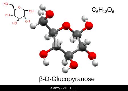 Formula chimica, formula strutturale e modello a 3D sfere di beta-D-glucopiranosio, fondo bianco Foto Stock