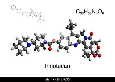 Formula chimica, formula strutturale e modello a 3D sfere del farmaco anticancro irinotecan, fondo bianco Foto Stock