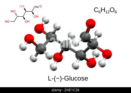 Formula chimica, formula strutturale e modello a 3D sfere di L-glucosio, forma lineare, fondo bianco Foto Stock