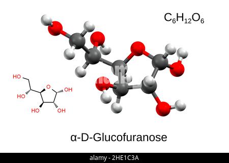 Formula chimica, formula strutturale e modello a 3D sfere di alfa-D-glucofuranosio, fondo bianco Foto Stock