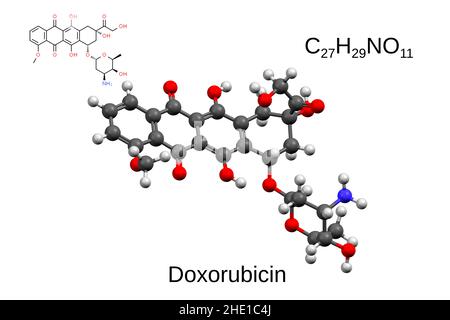 Formula chimica, formula strutturale e modello a 3D sfere del farmaco antitumorale doxorubicina, fondo bianco Foto Stock