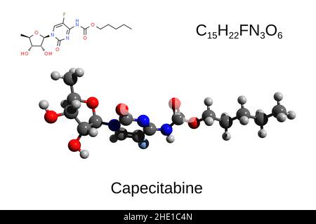 Formula chimica, formula strutturale e modello a 3D sfere del farmaco anticancro capecitabina, fondo bianco Foto Stock