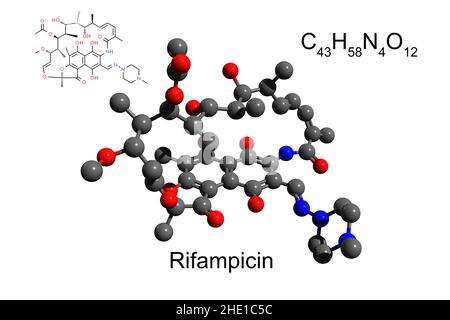 Formula chimica, formula strutturale e modello a 3D sfere di rifampicina antibiotica, fondo bianco Foto Stock