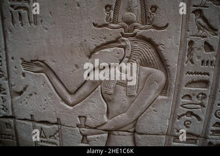 L'antico dio egizio Thoth, raffigurato con la testa di un Ibis, scolpito nella parete del tempio a Edfu in Egitto. Foto Stock