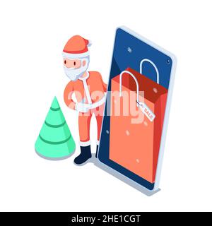Flat 3D Isometric Babbo Natale con smartphone e shopping bag all'interno. Offerta di Natale. Illustrazione Vettoriale