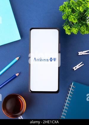 West Bangal, India - 7 gennaio 2022: Logo Anthem sullo schermo del telefono immagine stock. Foto Stock