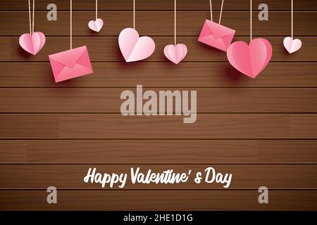San Valentino con cuore appeso su sfondo di legno e tipografia di buon San Valentino. Illustrazione Vettoriale