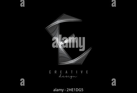 Logo lettera e con linee bianche. Design grafico Creative Line Vector con effetto 3D su sfondo nero. Illustrazione Vettoriale