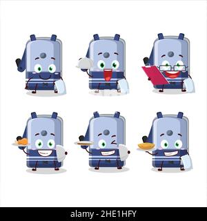 happy blu matita affilatore tavolo cameriere personaggio cartoon tenendo un piatto. Illustrazione vettoriale Illustrazione Vettoriale
