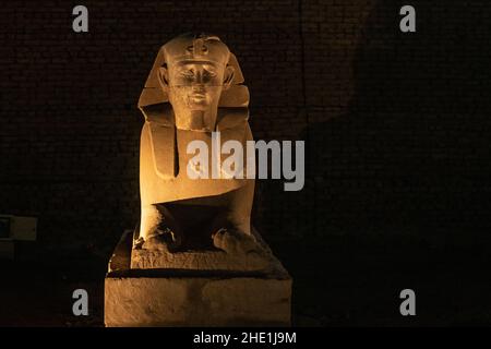 Una statua di una sfinge, una di oltre 600 che si trova lungo la strada dei arieti o viale delle sfingi che collegano il tempio di Luxor a Karnak in Egitto. Foto Stock
