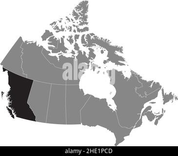 Nero piatto vuoto evidenziato localizzatore mappa amministrativa della provincia canadese della COLUMBIA BRITANNICA all'interno della mappa grigio piatto DEL CANADA Illustrazione Vettoriale