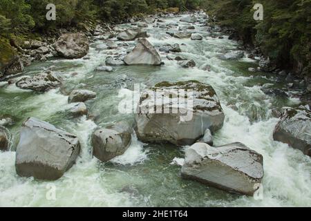 Fiume Tutoko nel Parco Nazionale Fiordland a Southland, sull'Isola del Sud della Nuova Zelanda Foto Stock